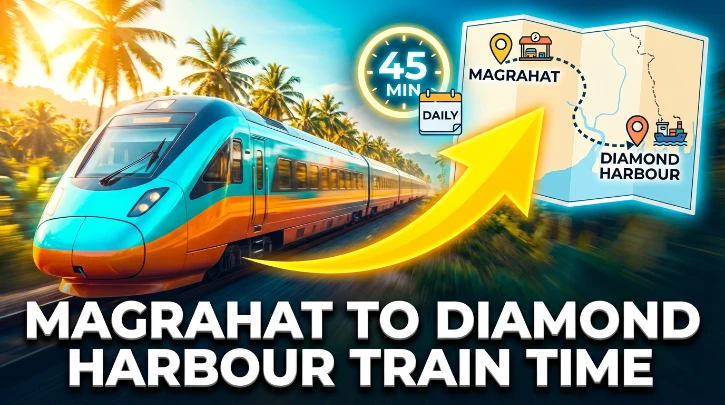 Vibrant YouTube thumbnail: fast train, palm trees, journey map, clock, calendar. Magrahat to Diamond Harbour Train Time.