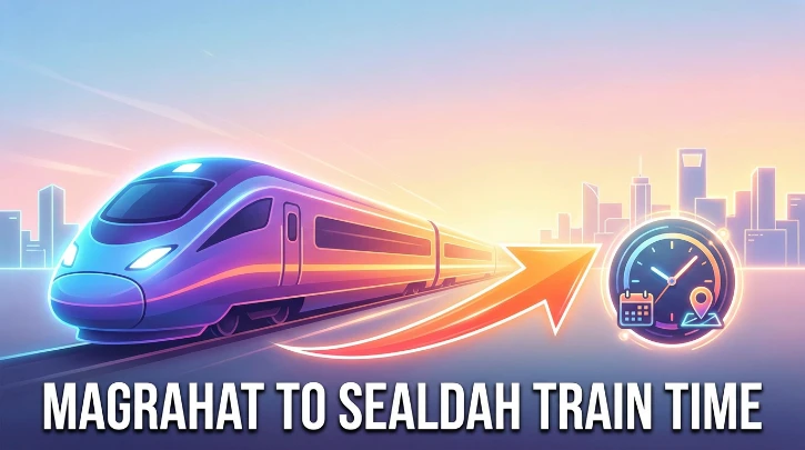 Modern train speeding, orange arrow, clock icon, dawn sky. Magrahat to Sealdah train times.