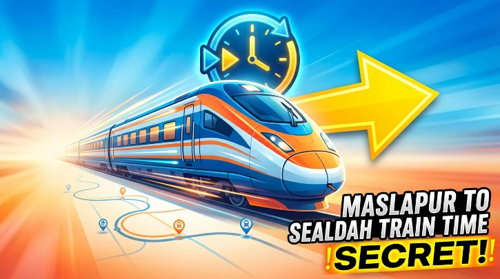 Modern train speeding right, yellow arrow, clock, vibrant blue-orange sky. "MASLAPUR TO SEALDAH TRAIN TIME SECRET!".