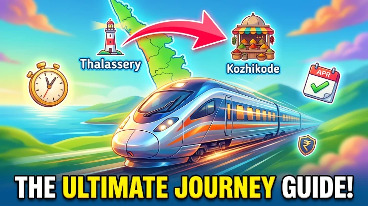 Modern train speeding from Thalassery (lighthouse) to Kozhikode (spice market) on a stylized map. Time, planning, value icons.